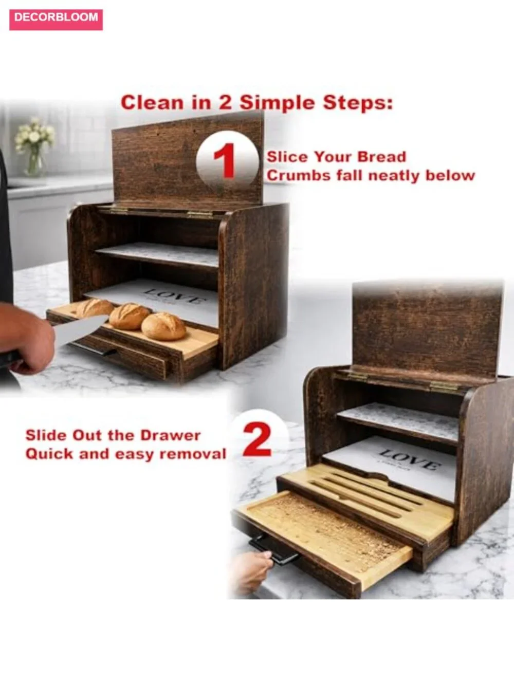 Extra Large Rustic Wood Bread Box with Crumb Tray, Kitchen Counter Storage